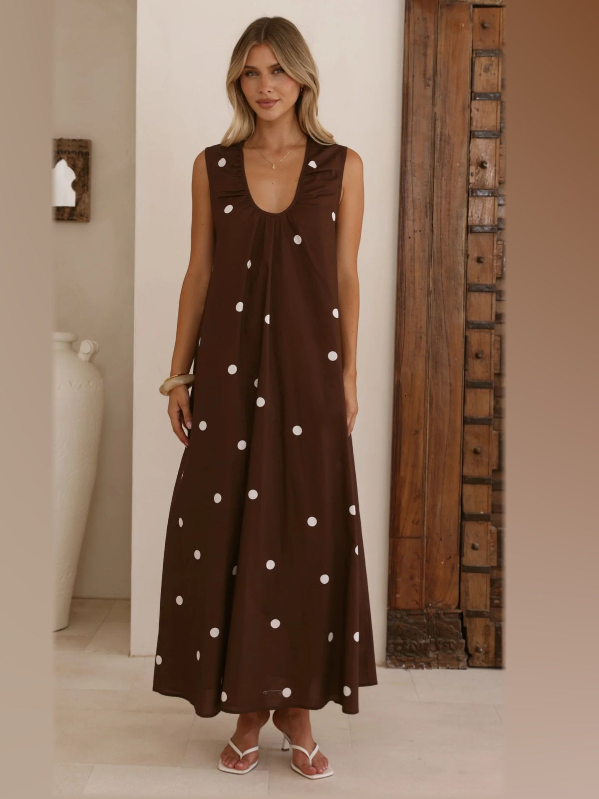 Chocolate maxi formal dress, alternate full-length view showing the hem
