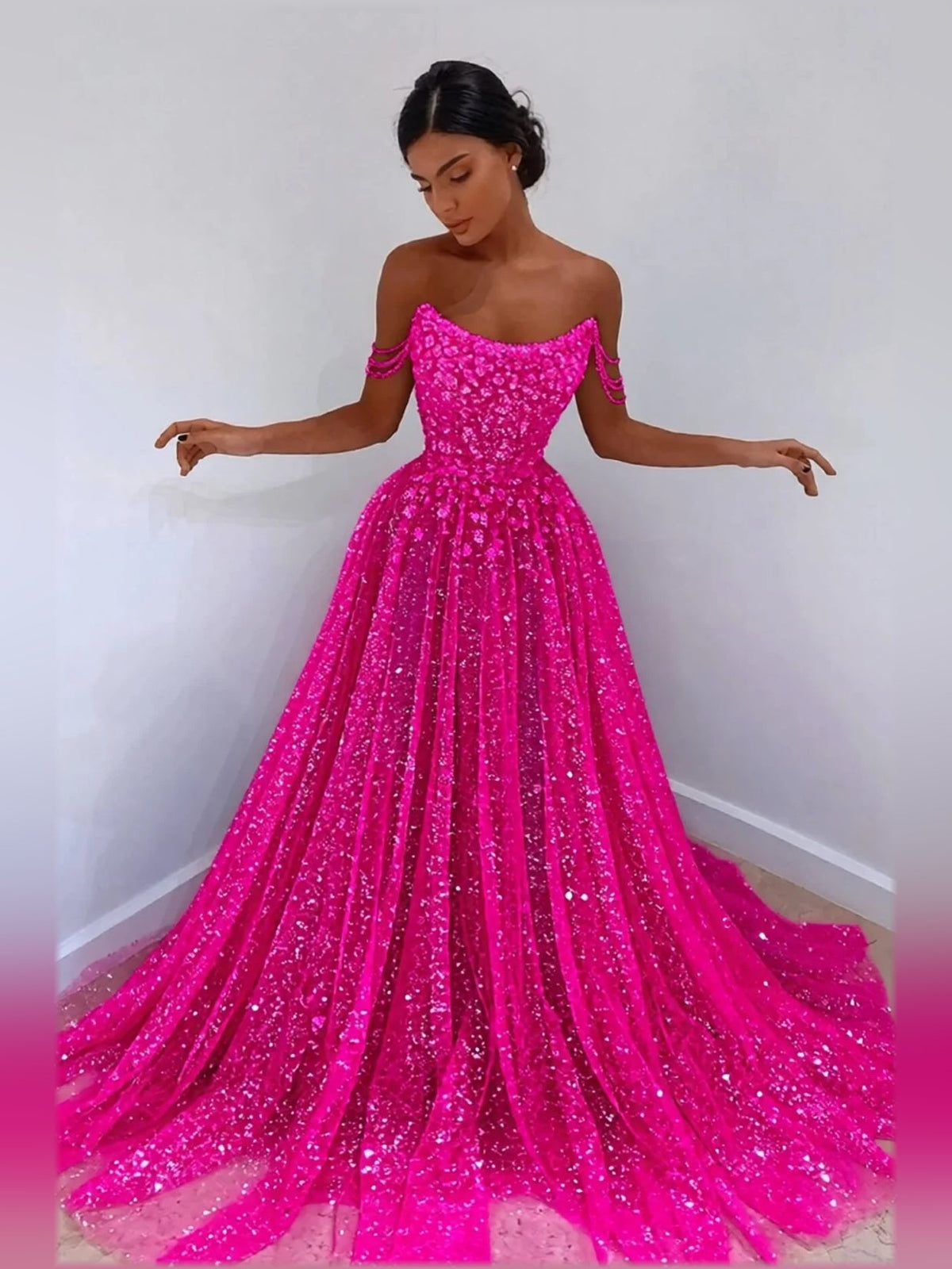 Hot pink off-shoulder sweetheart glitter tulle formal dress with floral appliqué