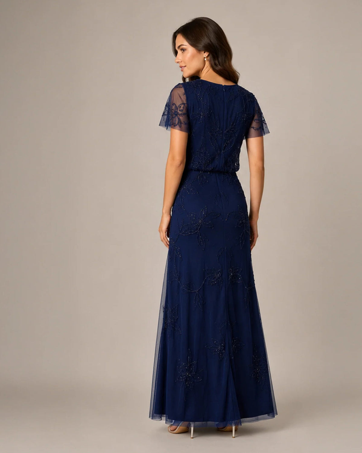 Navy floral embroidered maxi dress, sheer cap sleeves and back view