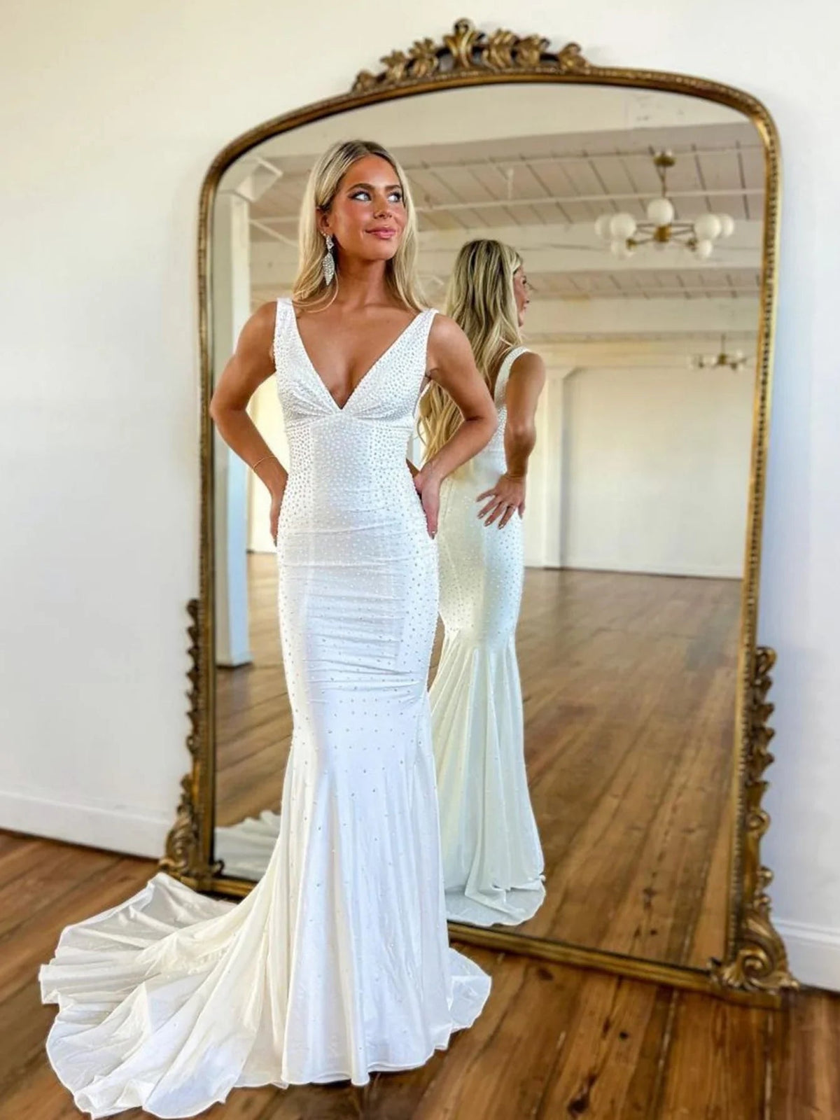 White V-neck beaded mermaid maxi formal dress, sleeveless with long flowing skirt