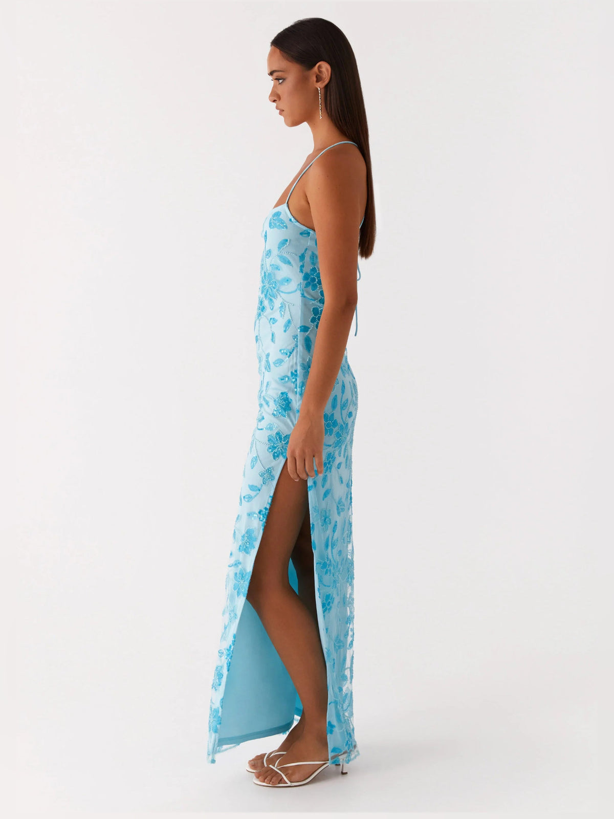 Blue sheath maxi formal dress with floral print, alternate full-length view showing the skirt