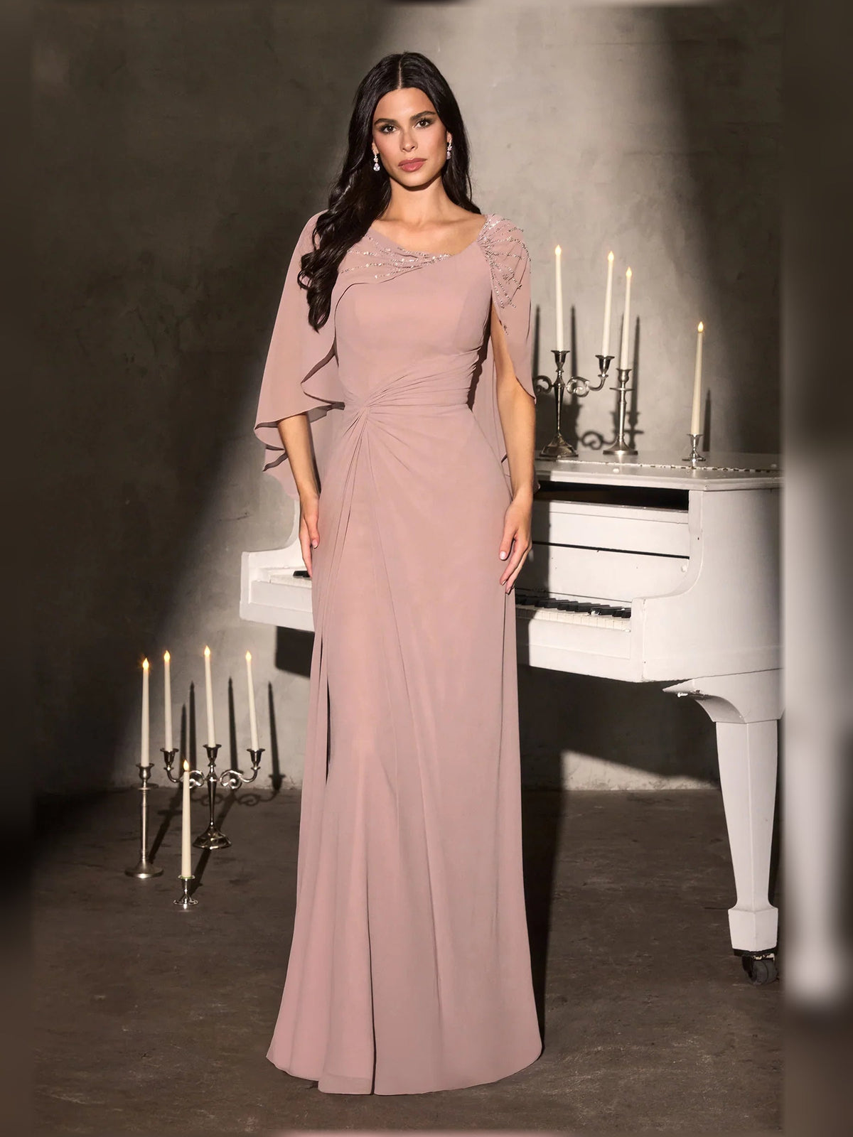 Dusty rose floor-length column dress with beaded scoop neck and draped chiffon sleeves
