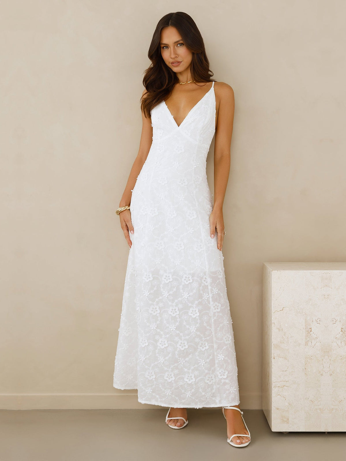 White a-line maxi formal dress with cutout detail, alternate view showing the skirt