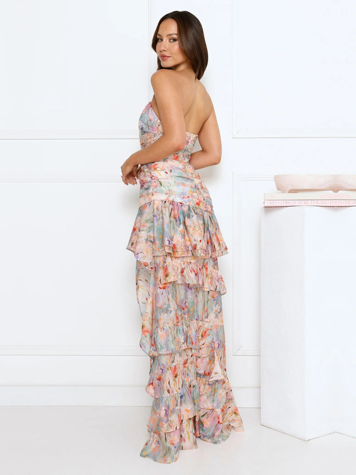 Print a-line maxi formal dress with floral print, alternate view showing the skirt