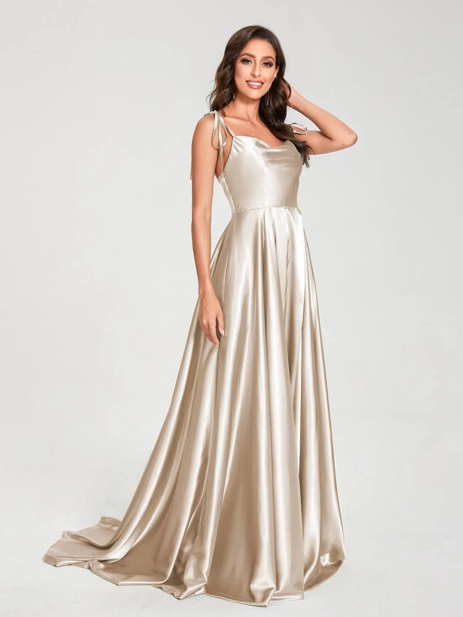 Champagne satin halter A-line formal dress with gathered waist and floor-length hem