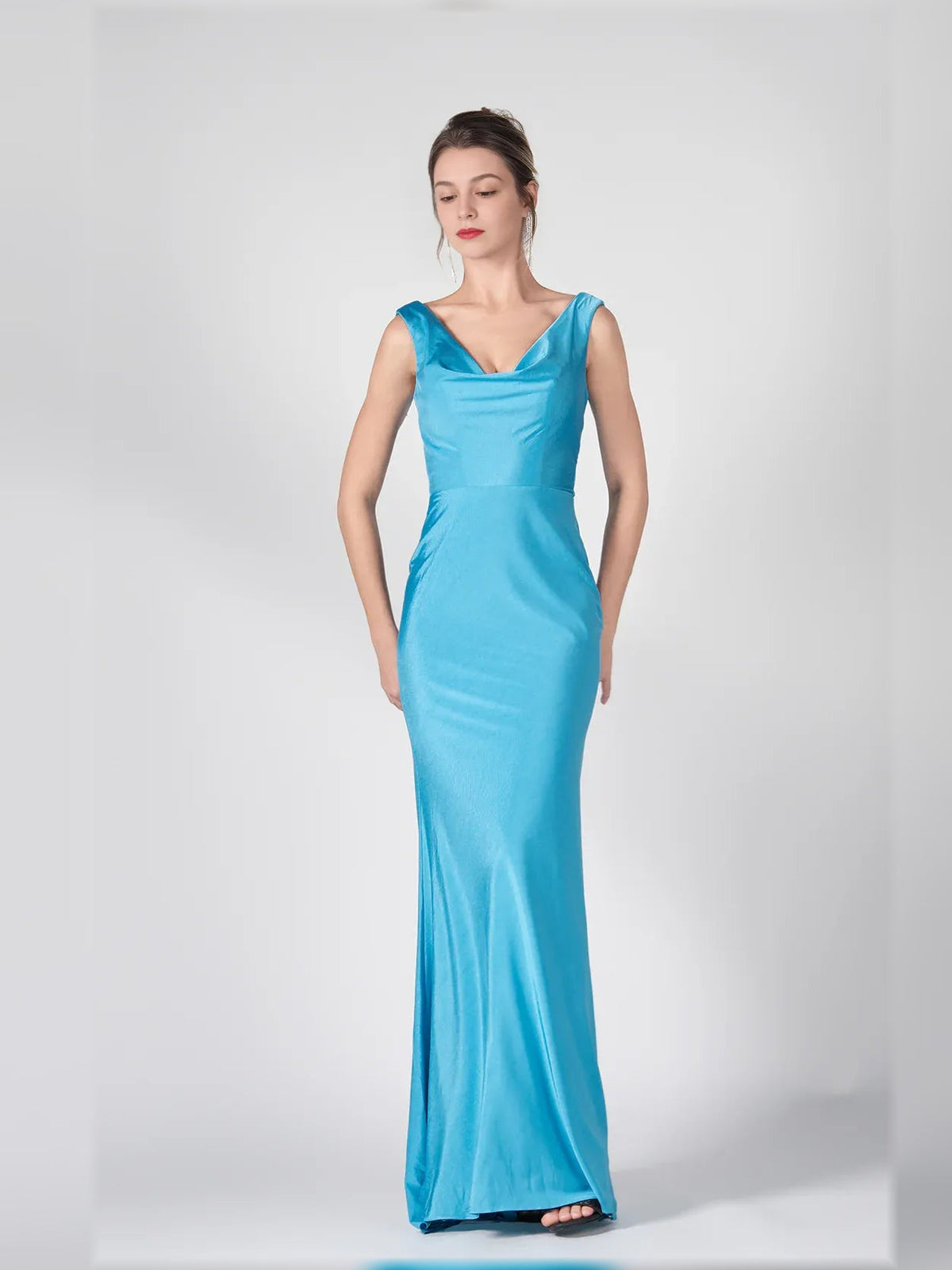 Caribbean blue sleeveless mermaid formal dress, V-neck front, floor-length hem