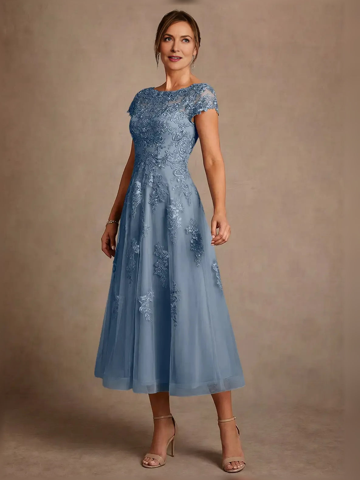 Embroidered illusion-neck A-line midi dress in slate blue, full front view with flared skirt