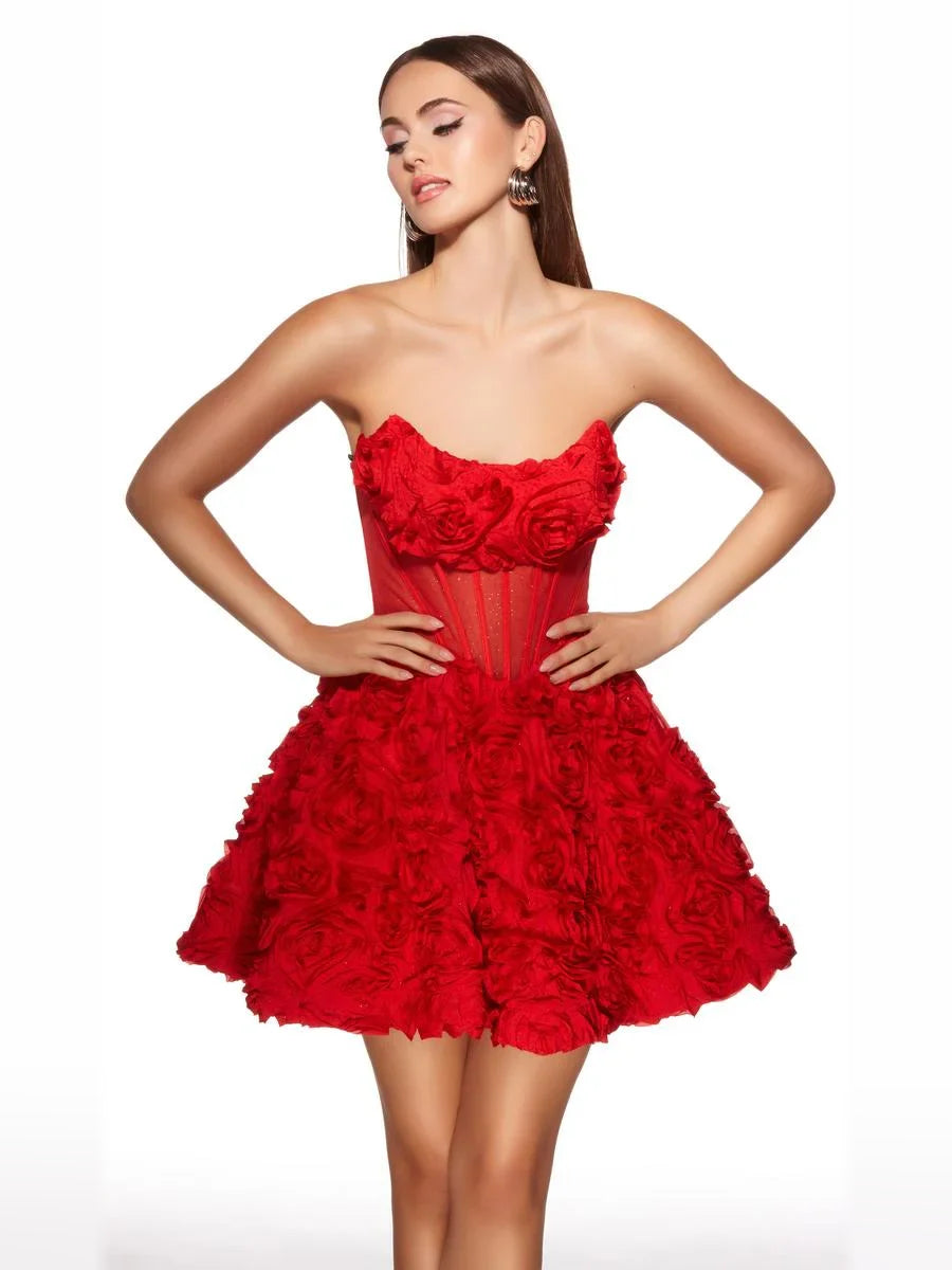 Red strapless A-line mini dress with corset bodice and floral rosette ruffle detail