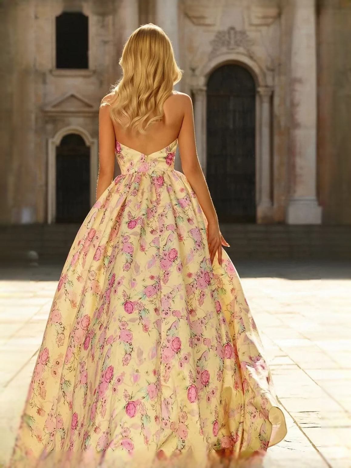 Champagne floral A-line prom dress with sleeveless deep V-back and front slit