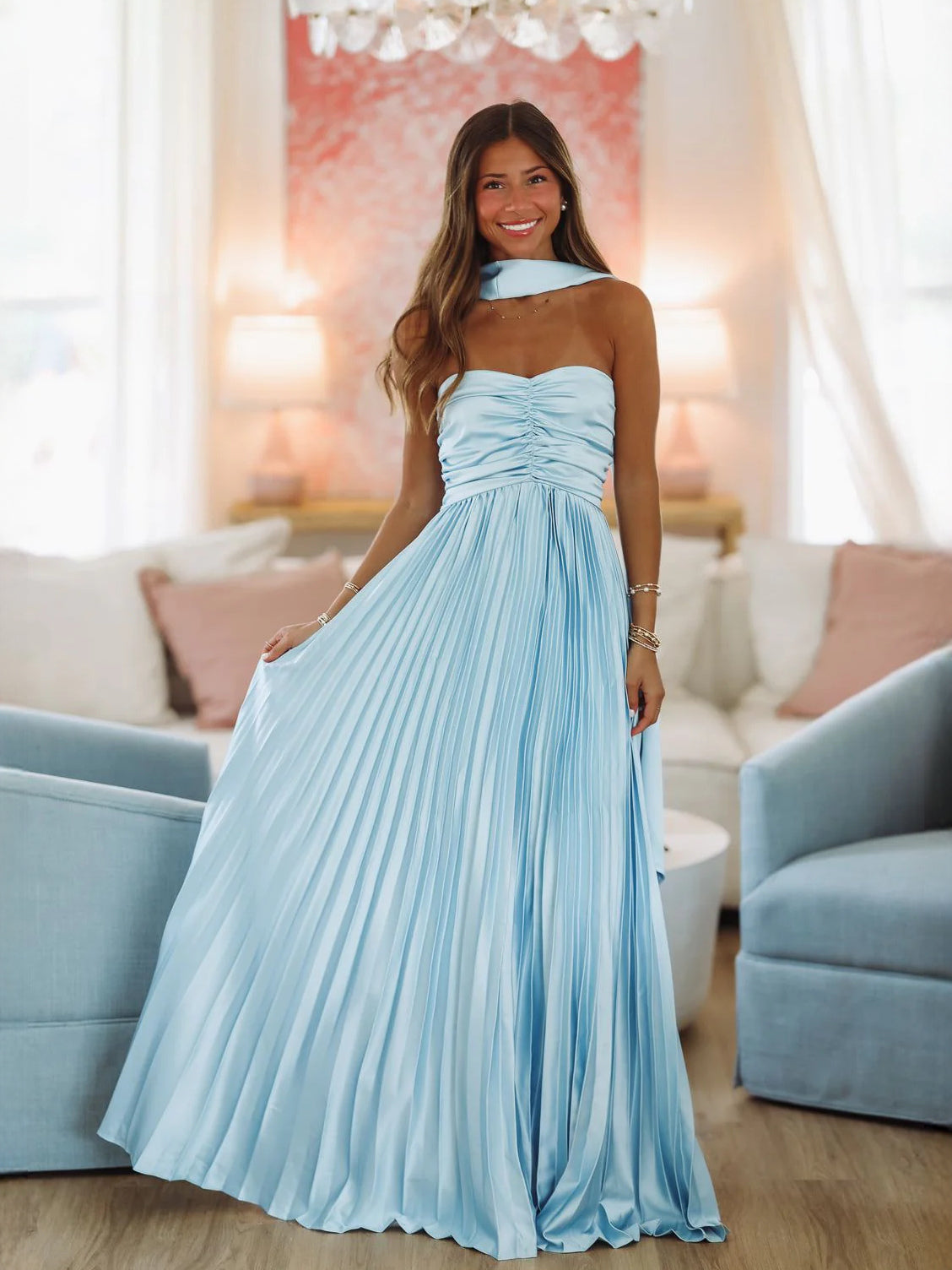 Light Blue a-line maxi formal dress with pleated skirt, alternate full-length view showing the skirt