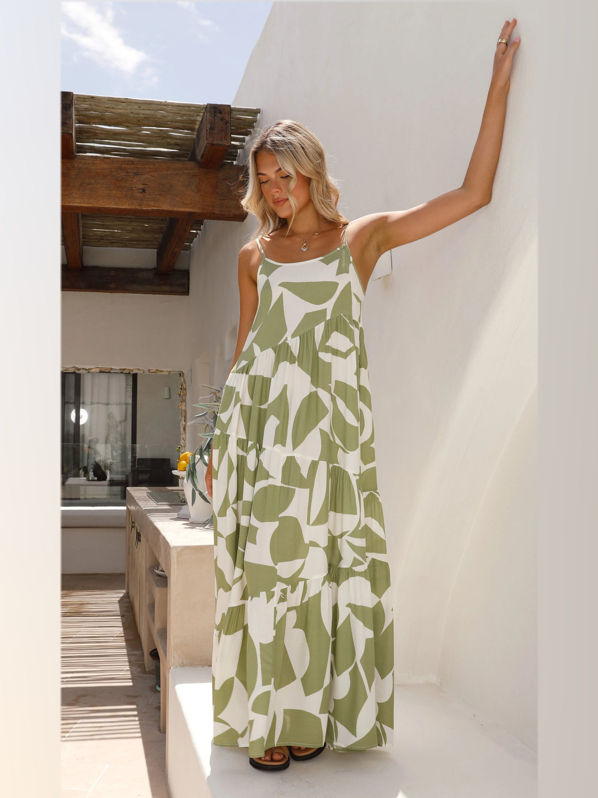 Sage Print maxi formal dress, alternate full-length view showing the hem