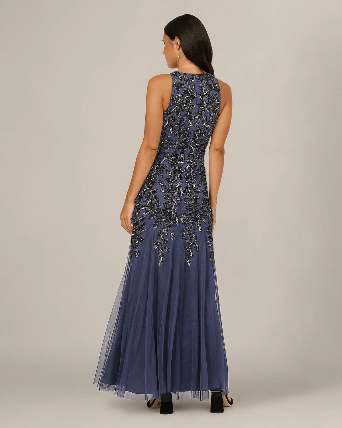 Dusty periwinkle sleeveless maxi dress, back view with beaded floral pattern