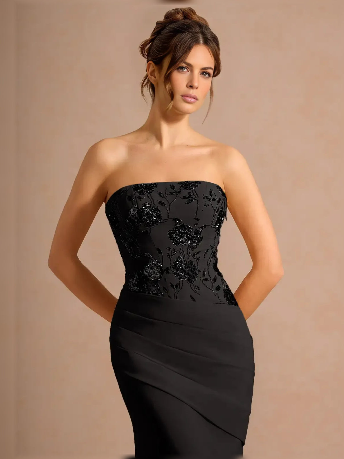 Cowl neck midi formal dress with ruching and slit, black strapless bodice with floral texture