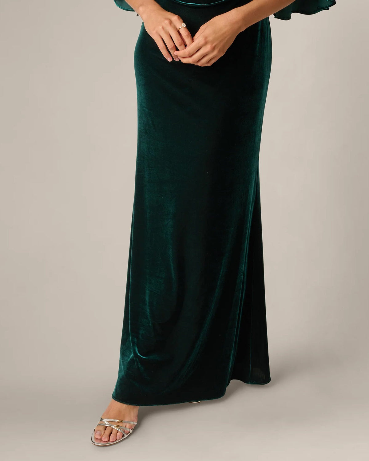 Hunter green A-line maxi skirt with side seam and smooth drape
