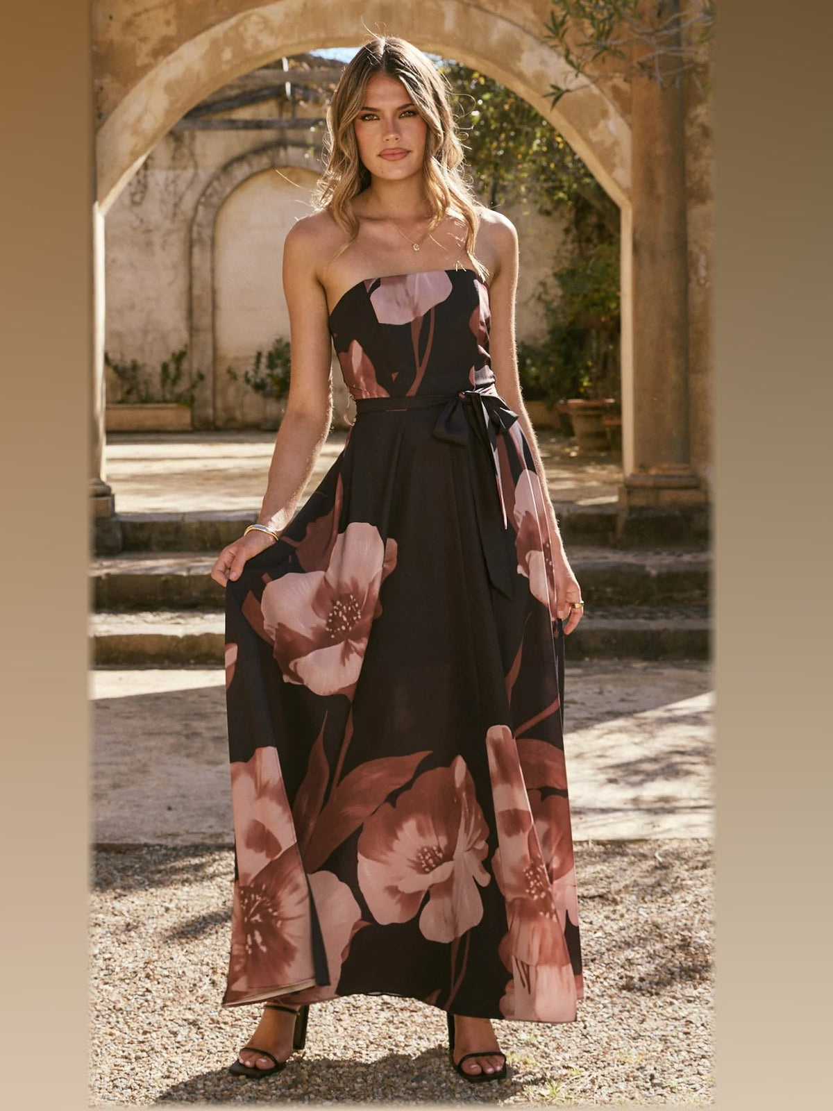 Black Wine Floral maxi formal dress, alternate full-length view showing the hem