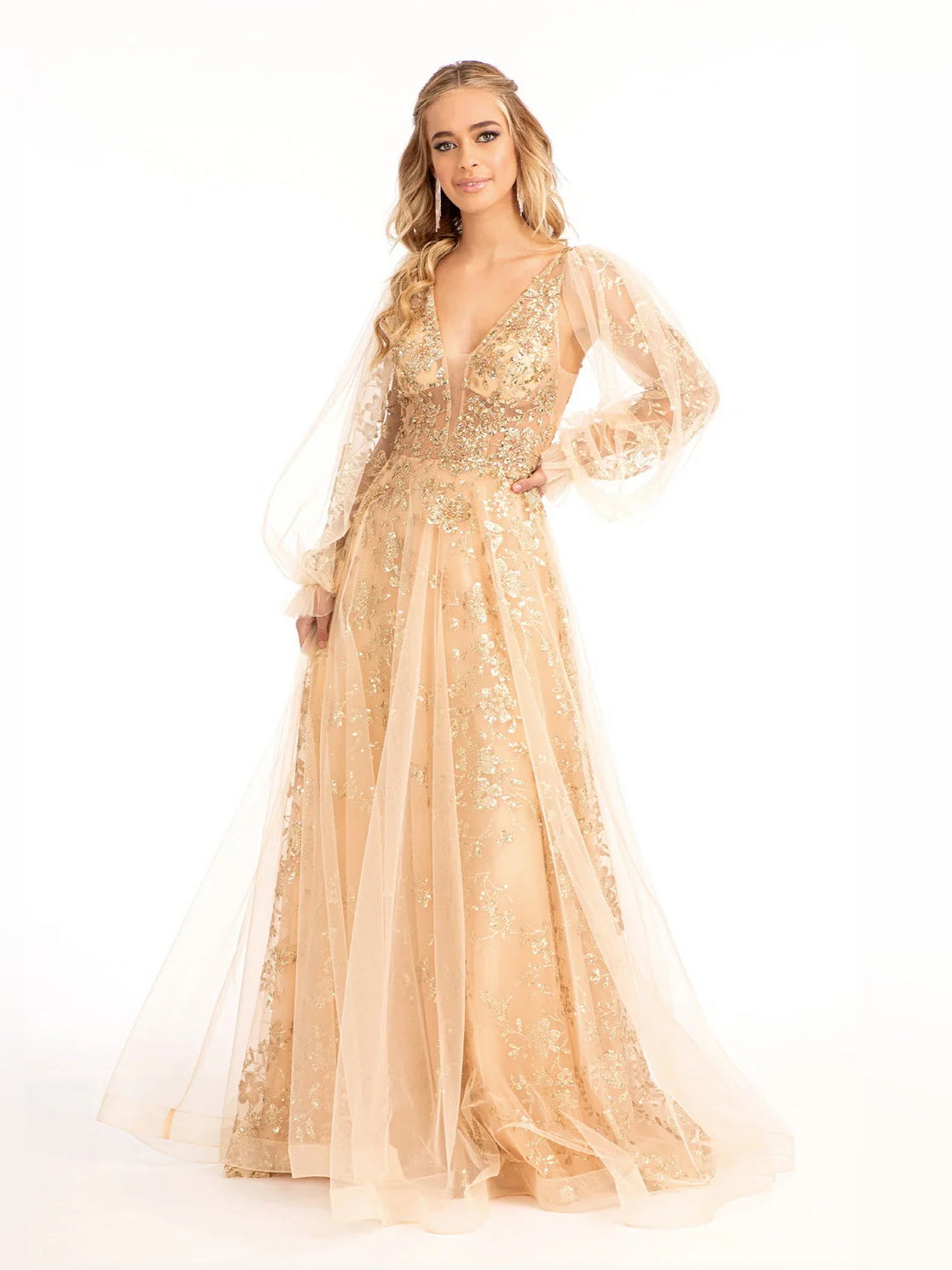 Champagne floral sequin A-line floor-length formal dress with tulle puff sleeves