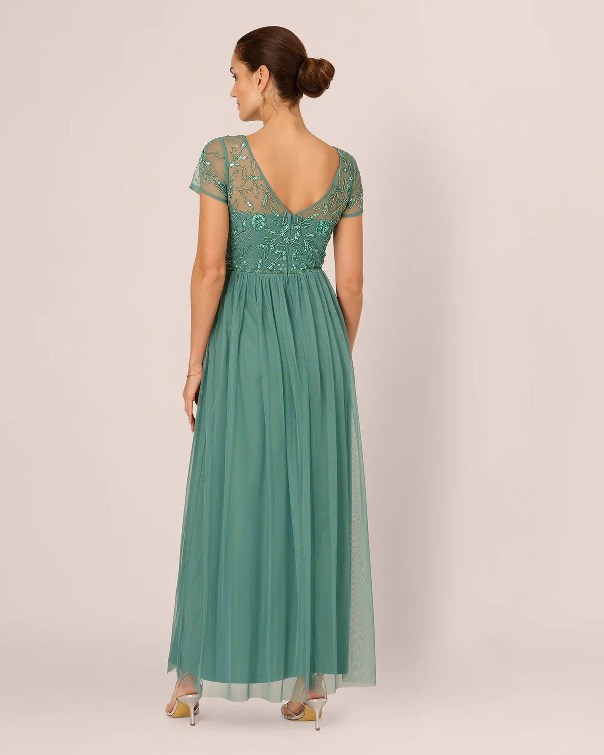 Seafoam green A-line maxi dress with beaded back and short sleeves