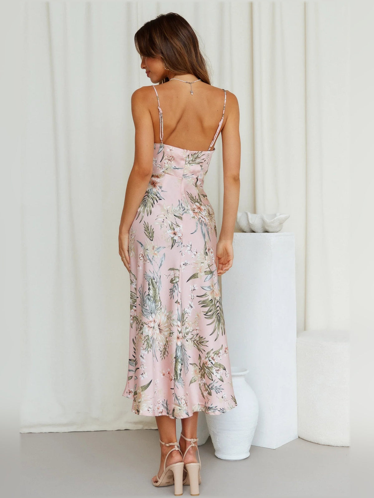 Pink floral midi formal slip dress, open back with spaghetti straps