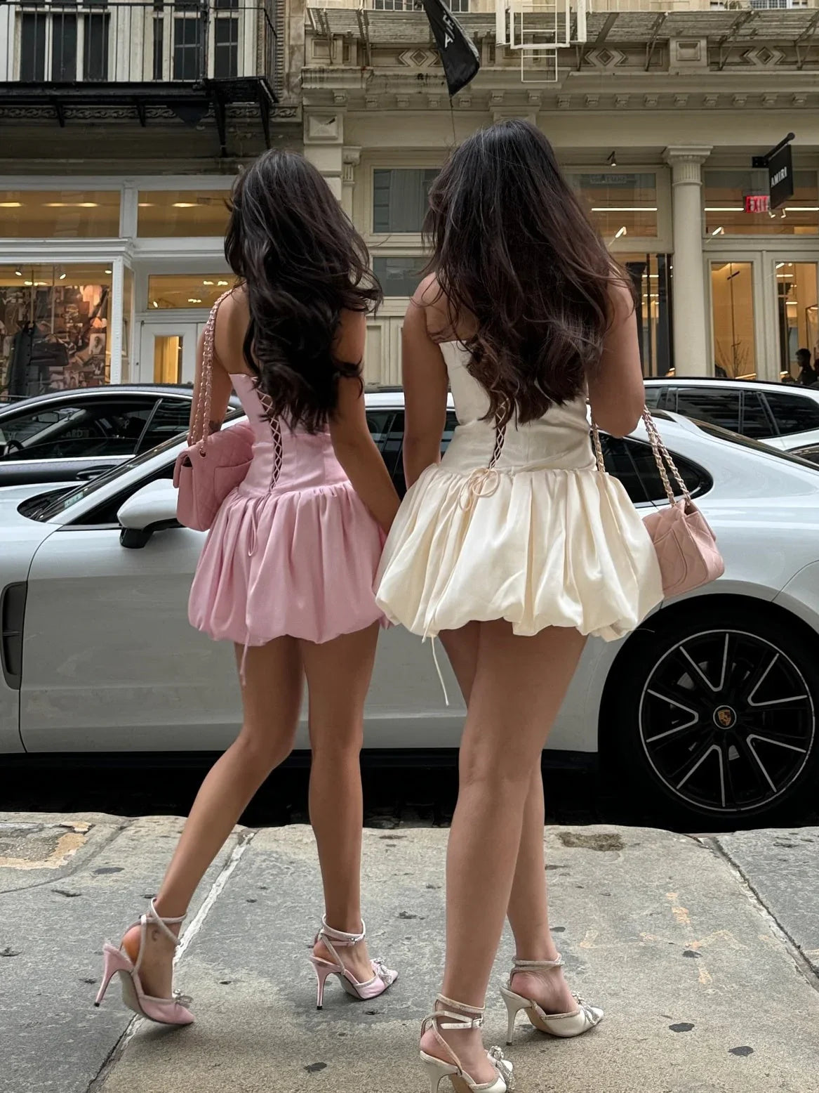 Pink strapless corset mini dress, lace-up back and full A-line skirt