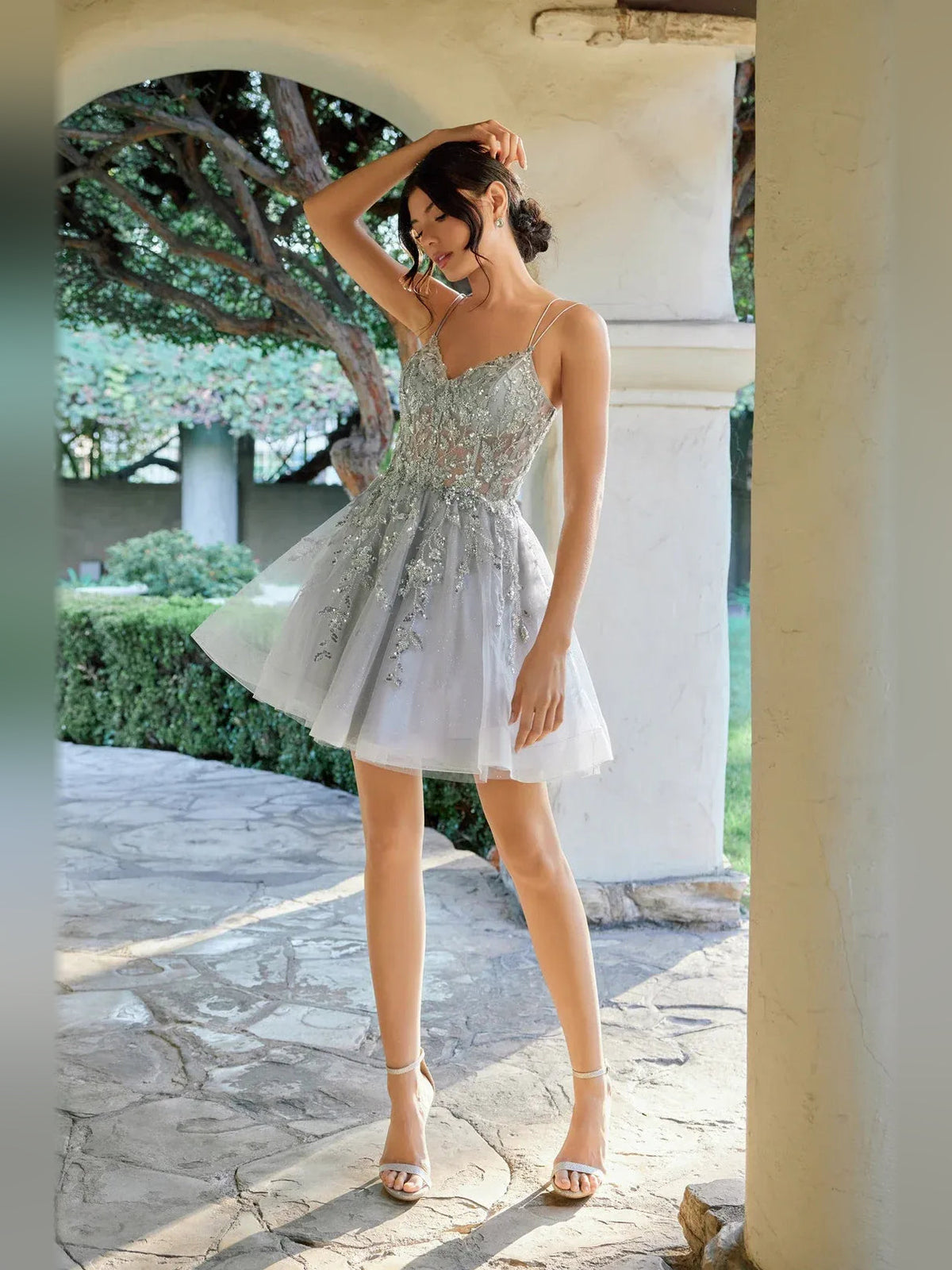 Silver beaded A-line mini tulle dress with V-neck and thin spaghetti straps