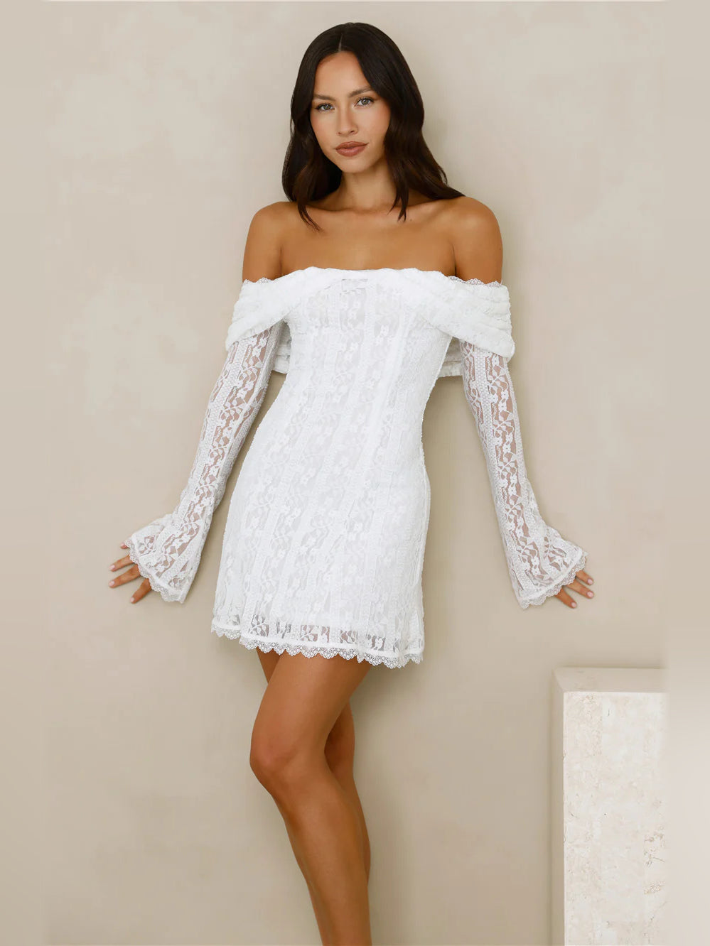 Off-shoulder mini lace dress, white, front view with wide neckline and long lace sleeves