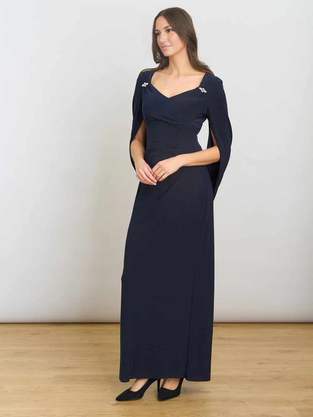 Dark navy sheath maxi dress with ruched drape bodice and short cape sleeves
