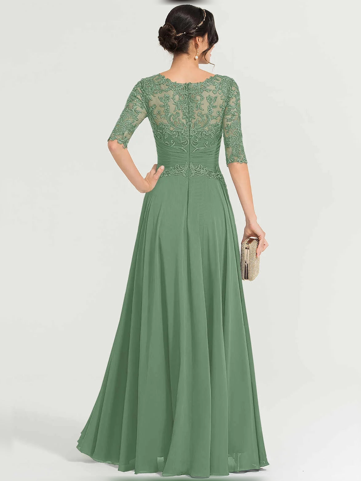 Eucalyptus green illusion-neck A-line maxi chiffon dress back view with lace floral applique