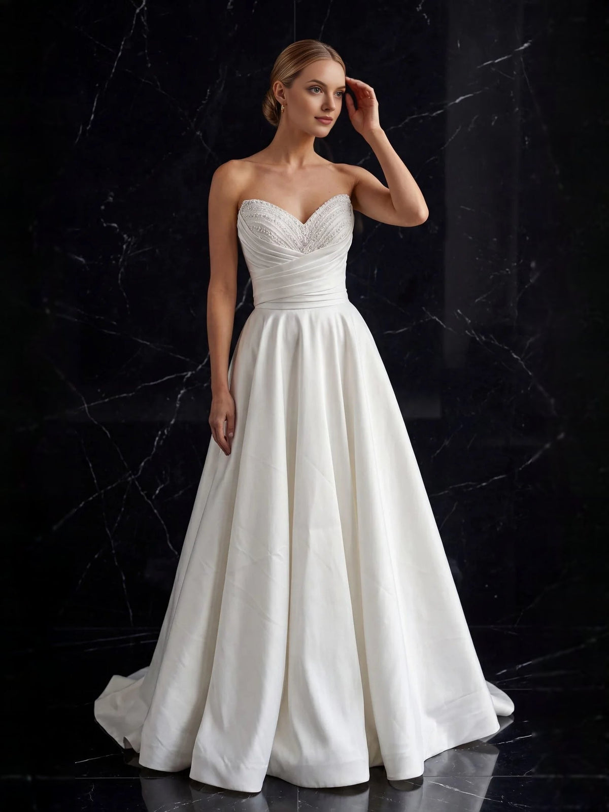 Ivory satin wedding dress, beaded sweetheart bodice, fitted waist and wide A-line skirt