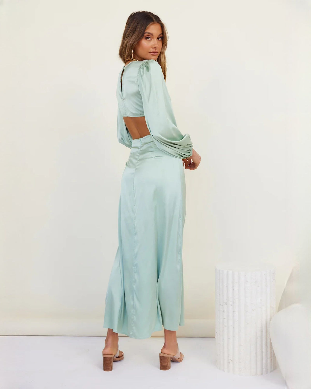 Mint satin maxi dress with long puff sleeves and back cutout