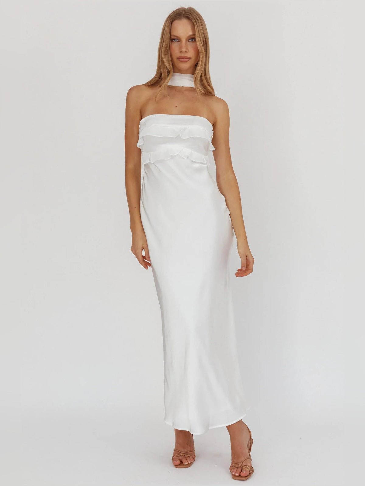 White sheath midi formal dress with ruffle details, alternate view showing the skirt