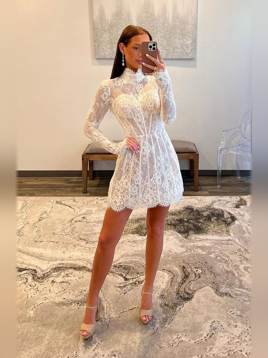 White lace high-neck corset mini dress with long sleeves and A-line flare