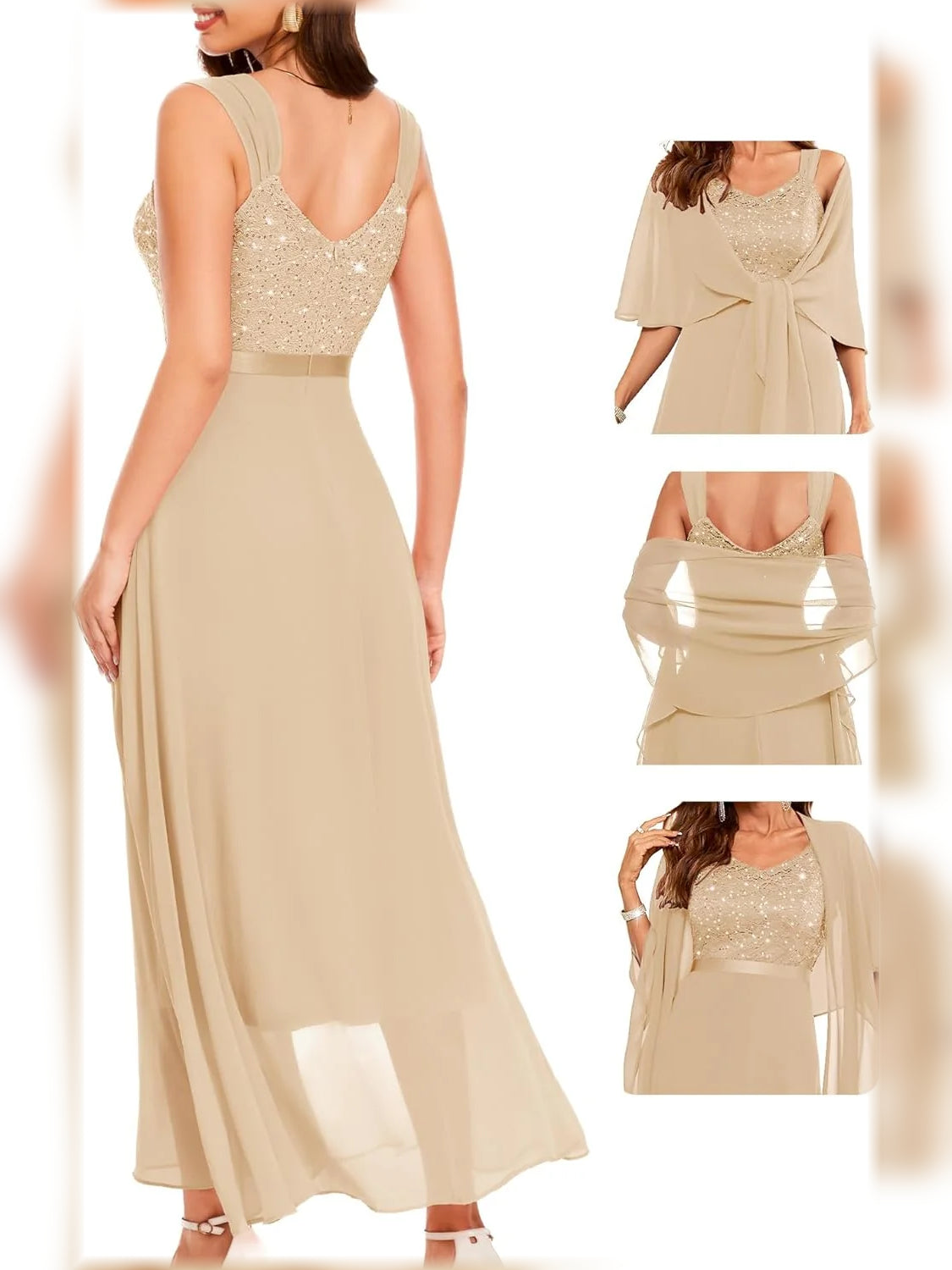Champagne satin midi dress with V-neck sequin bodice; front and back angle collage