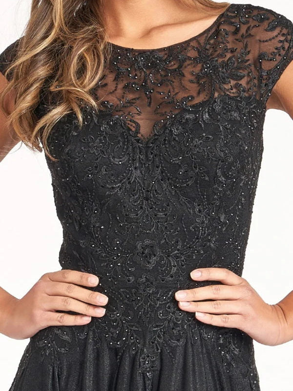 Black beaded embroidered bodice detail with V-neck and cap sleeves, tailored fit