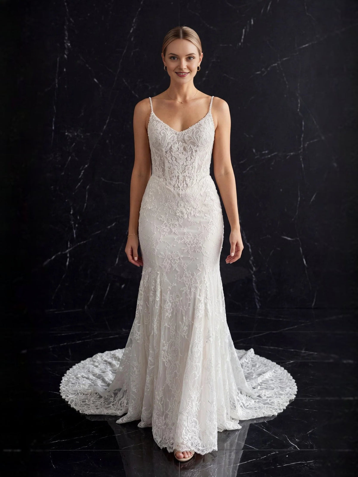 Ivory beaded lace mermaid wedding dress with V-neck, thin straps, long flared skirt