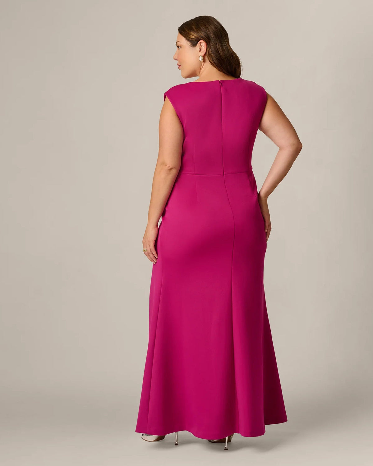 Hot orchid sleeveless maxi dress, back view with center seam