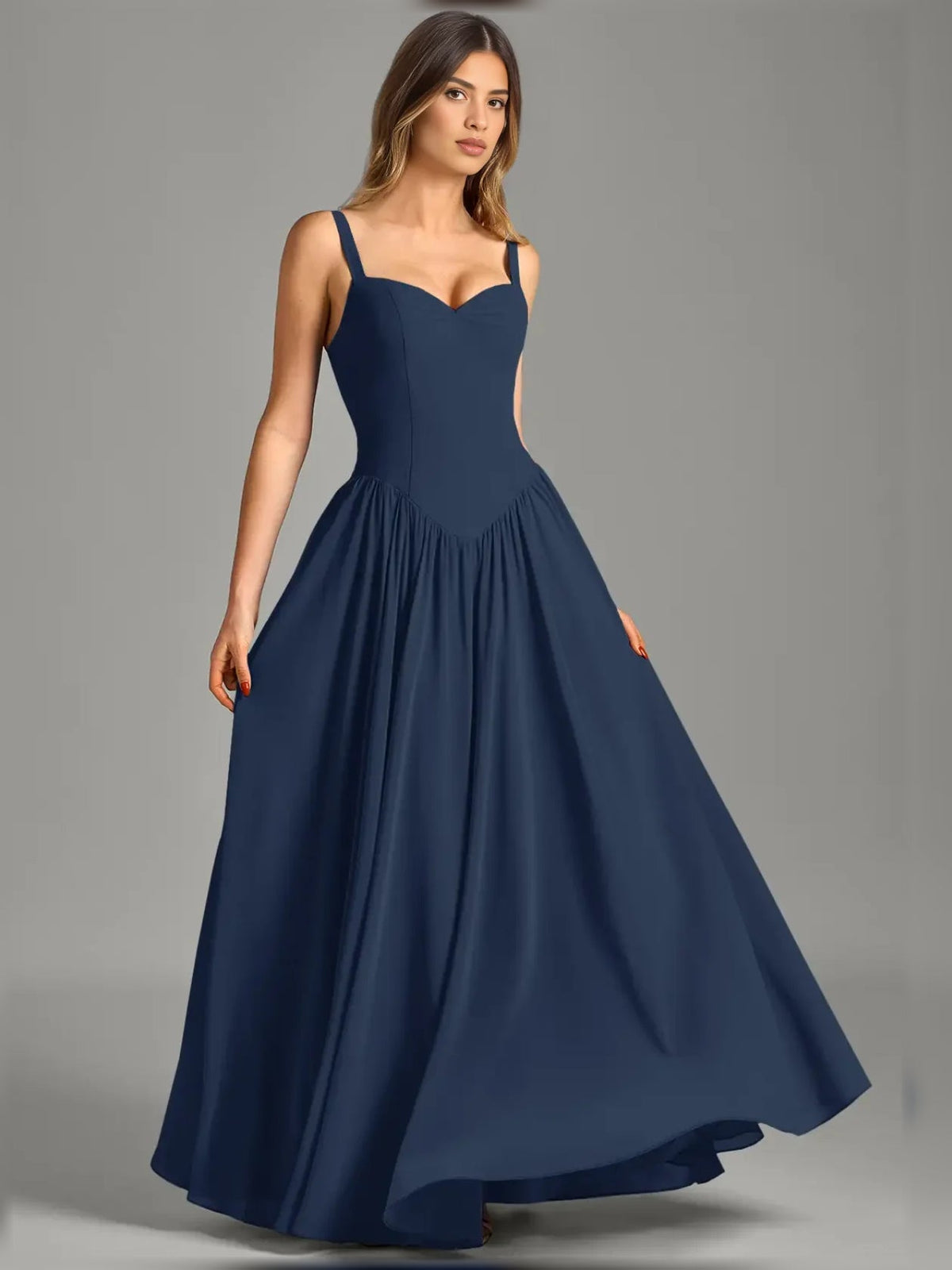 Dark navy sweetheart corset A-line maxi chiffon dress with spaghetti straps and pleated skirt