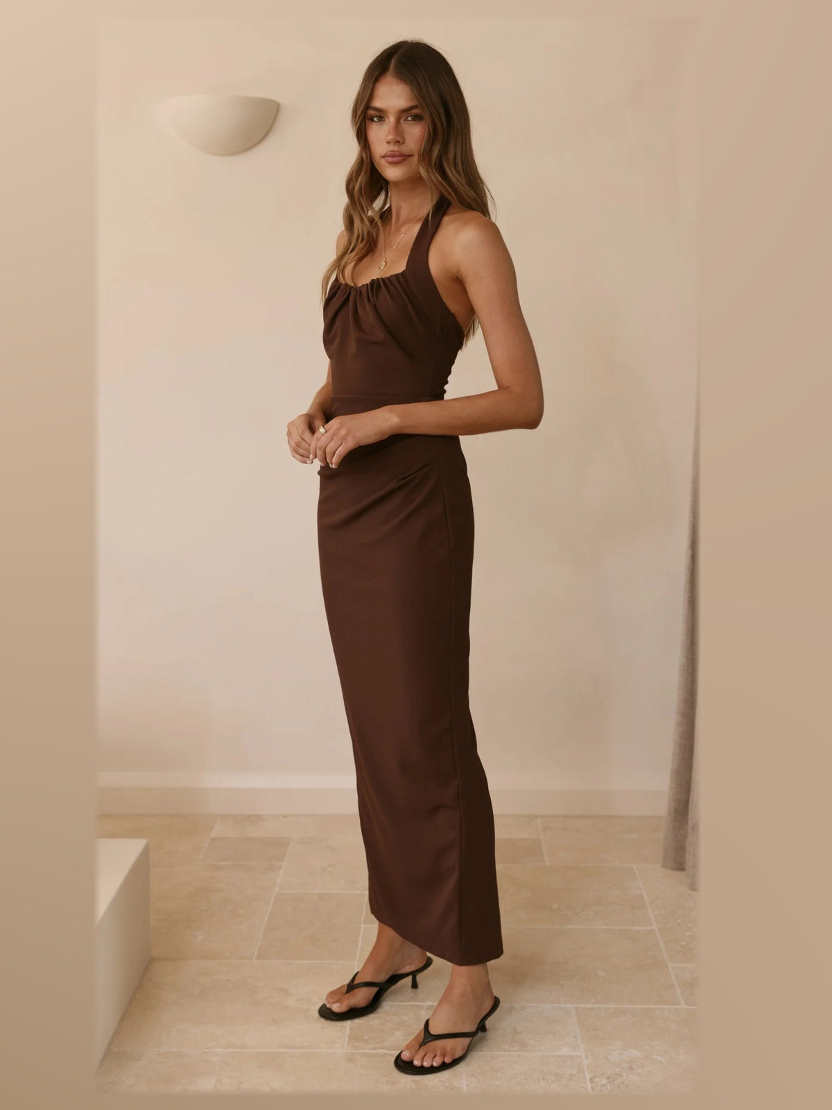 Chocolate maxi formal dress, alternate full-length view showing the hem