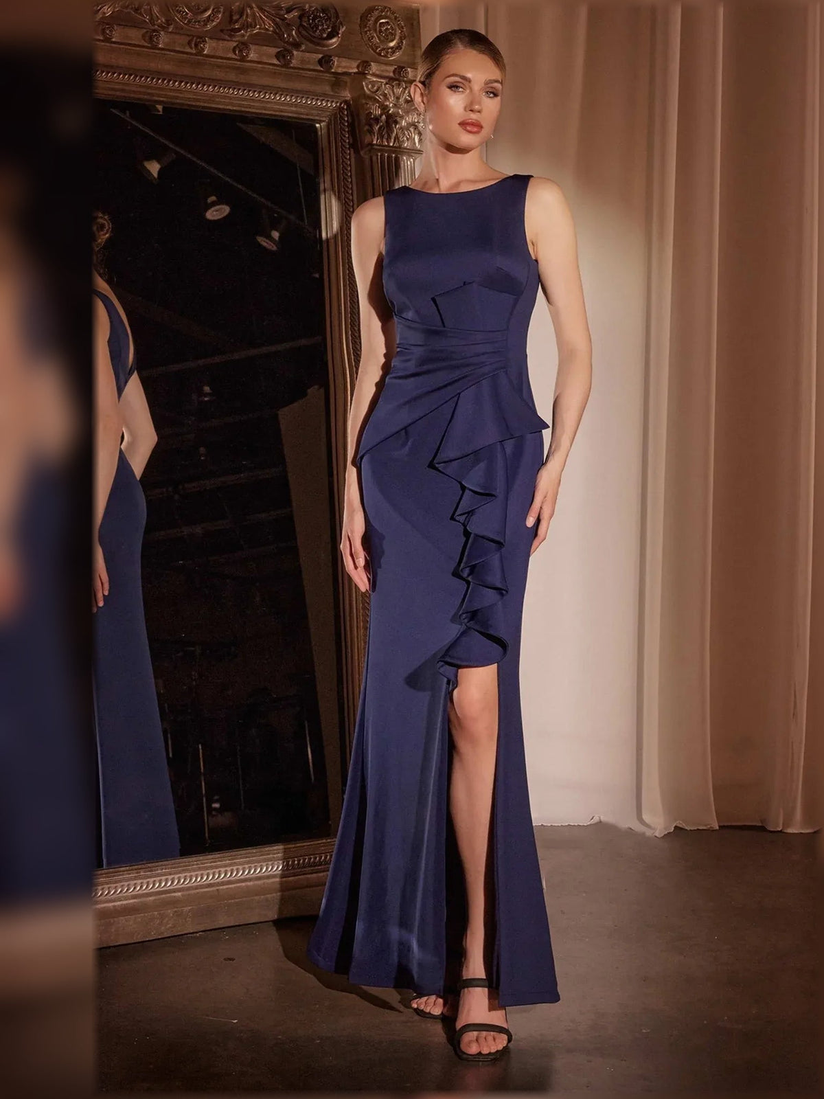 Navy blue sleeveless mermaid formal dress with ruffle skirt and front slit
