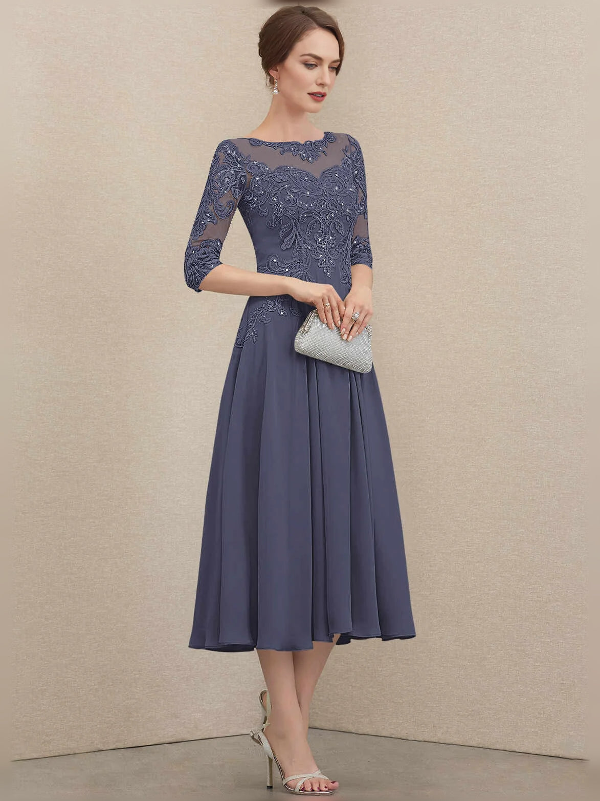 Slate lavender pleated chiffon mother-of-the-bride dress with floral lace illusion neckline