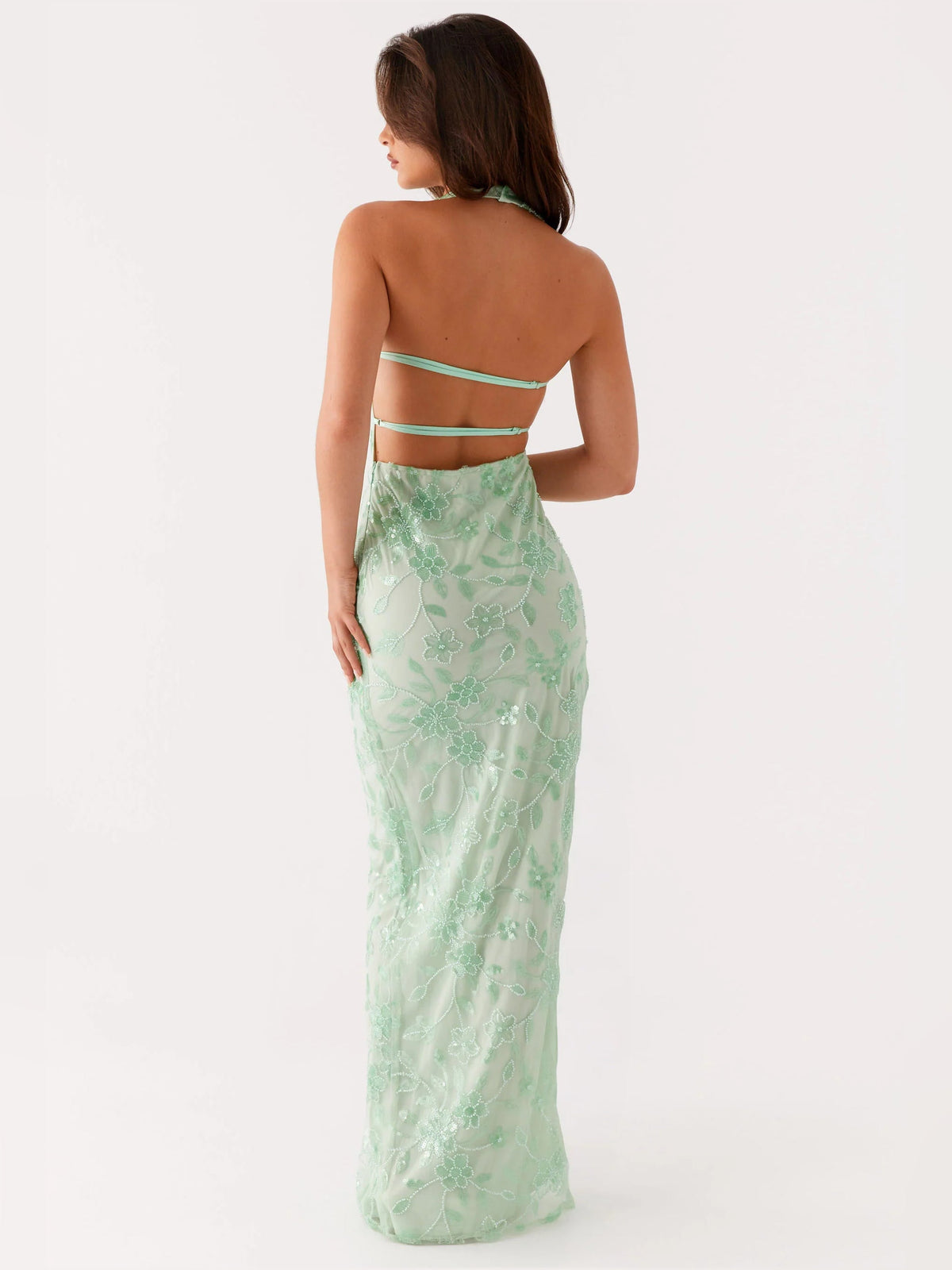 Sage sheath maxi formal dress with skirt slit, alternate full-length view showing the skirt