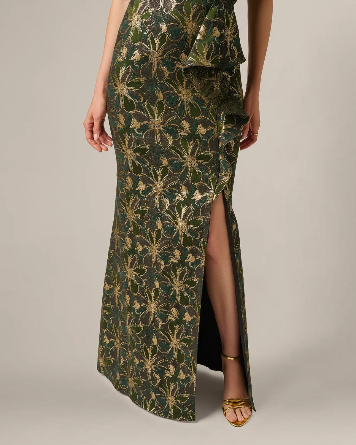 Dark olive maxi dress with gold floral print, off-shoulder bodice and front slit