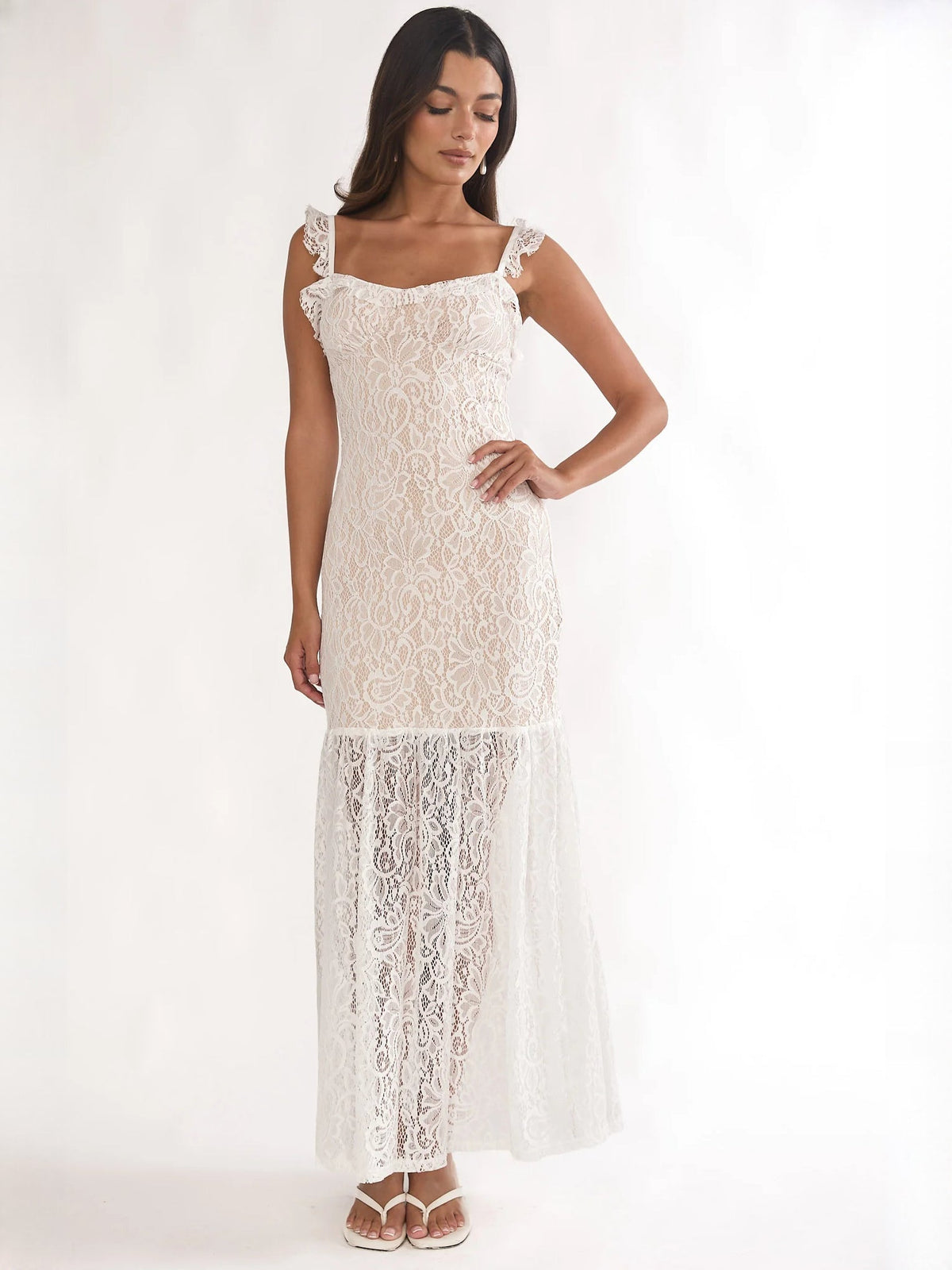 White sheath maxi formal dress with square neckline, alternate full-length view showing the skirt