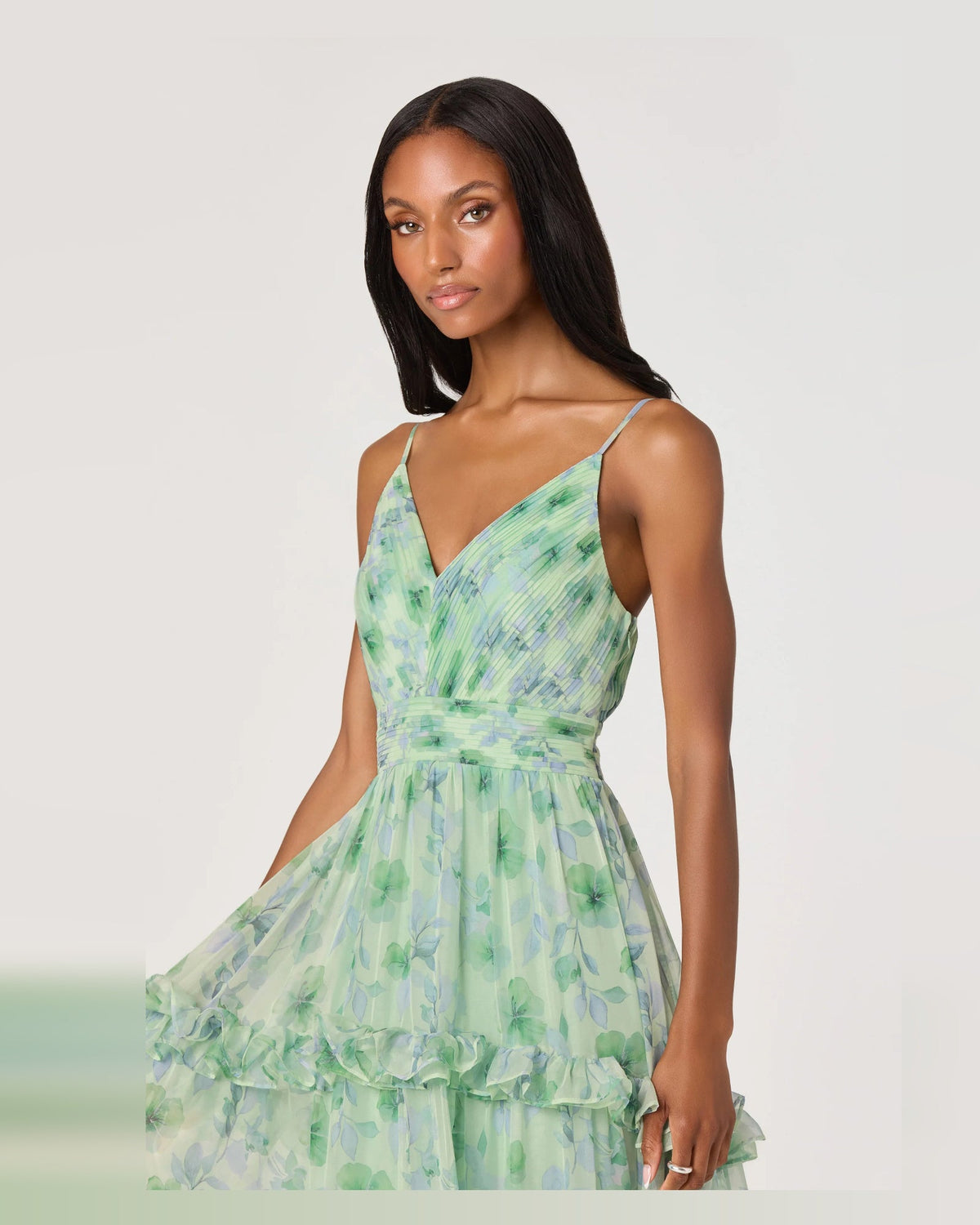 Green floral spaghetti-strap A-line tiered maxi dress with layered skirt tiers