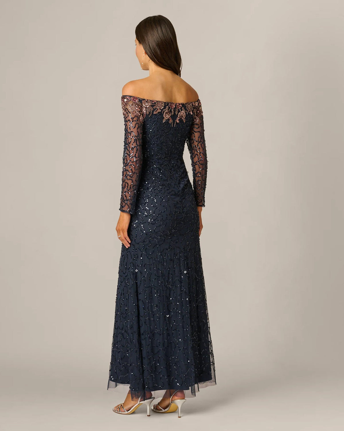 Navy off-shoulder maxi dress with floral lace sleeves, back view