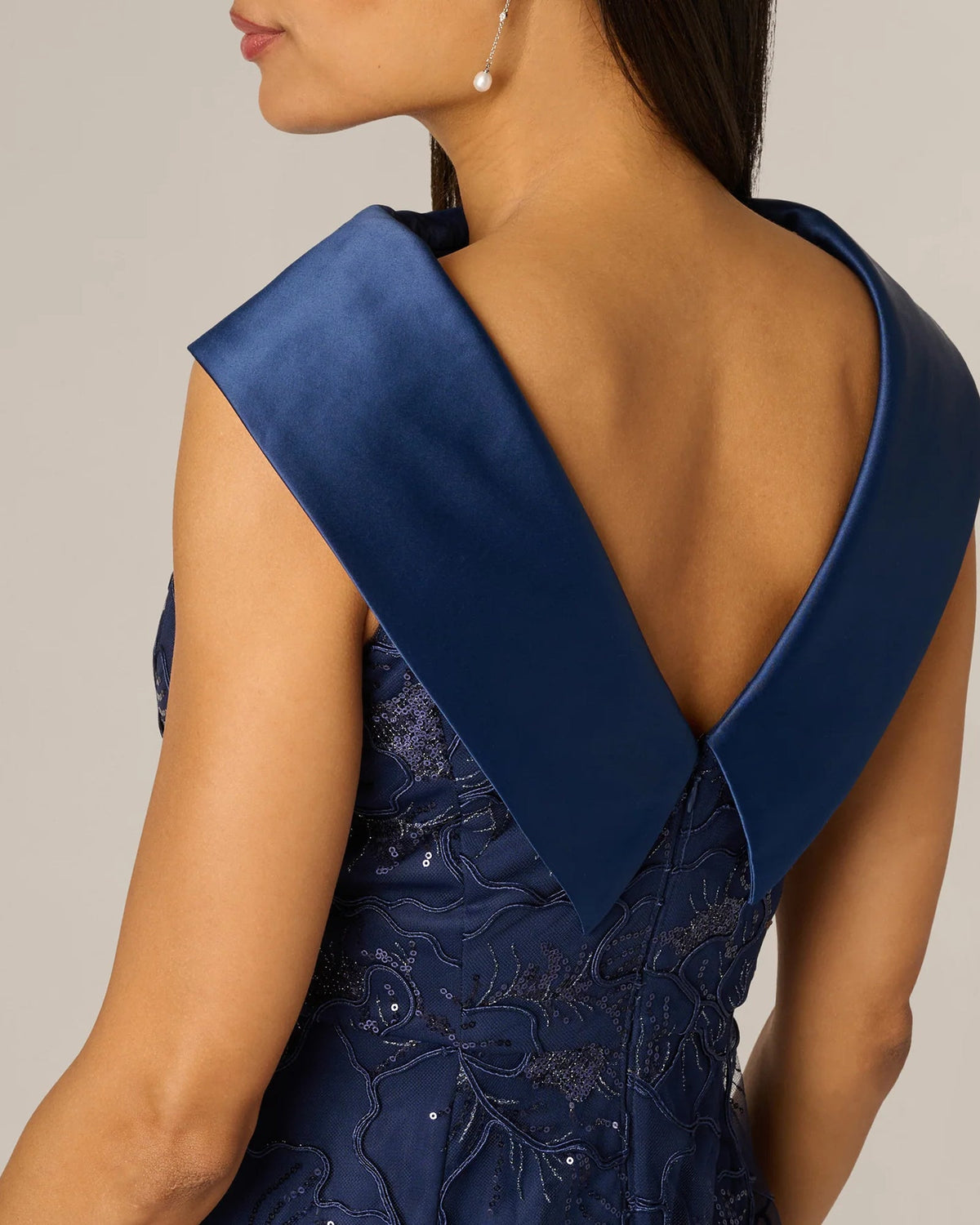Midnight blue sleeveless floral lace maxi dress with open back V panel