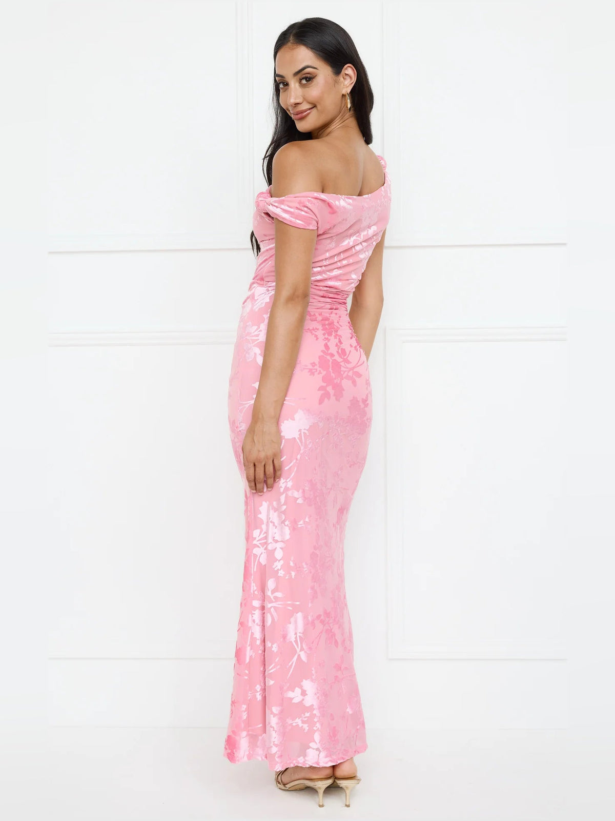Pink sheath maxi formal dress with one-shoulder neckline, alternate full-length view showing the skirt