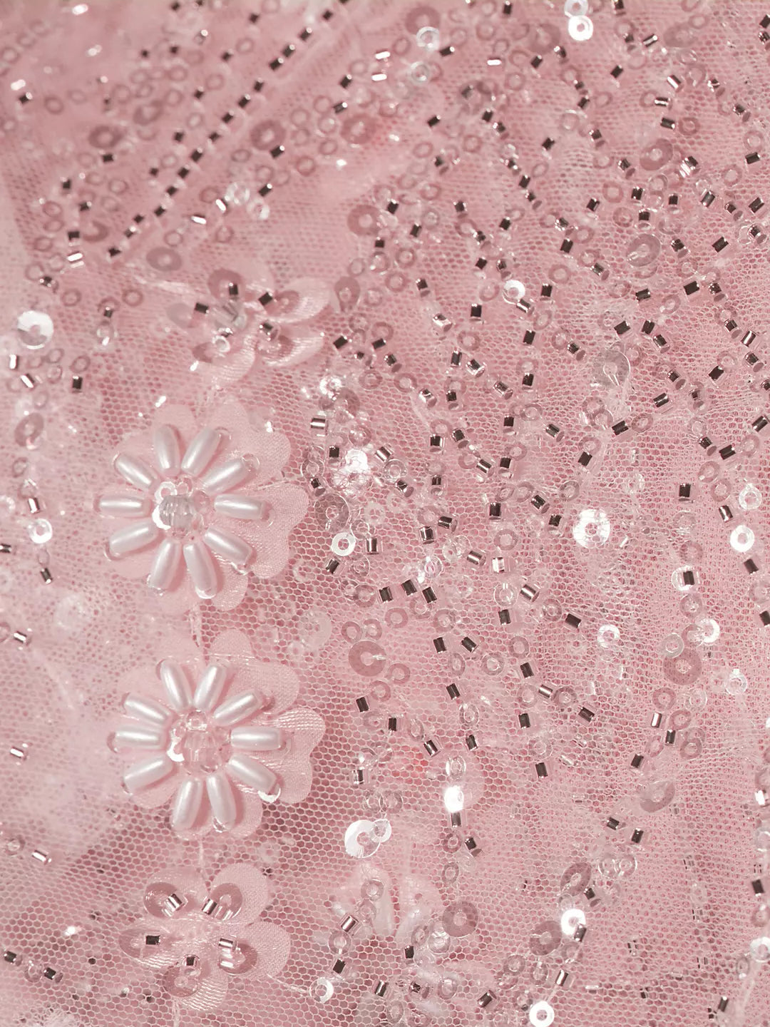 Pink sheer net with floral beadwork and sequins in sparkling clusters