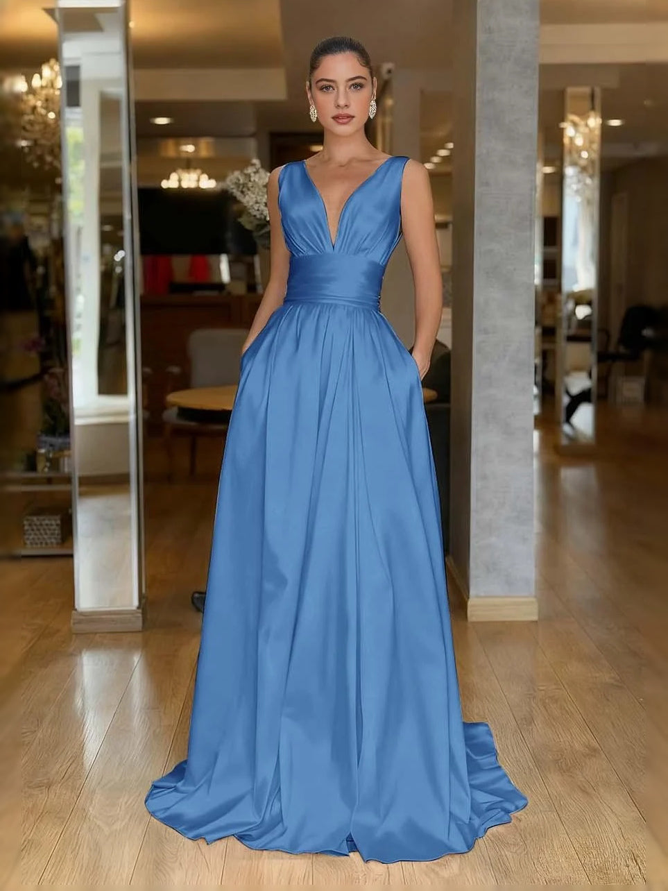 Slate blue V-neck A-line prom dress with ruched pleats, sleeveless floor-length design