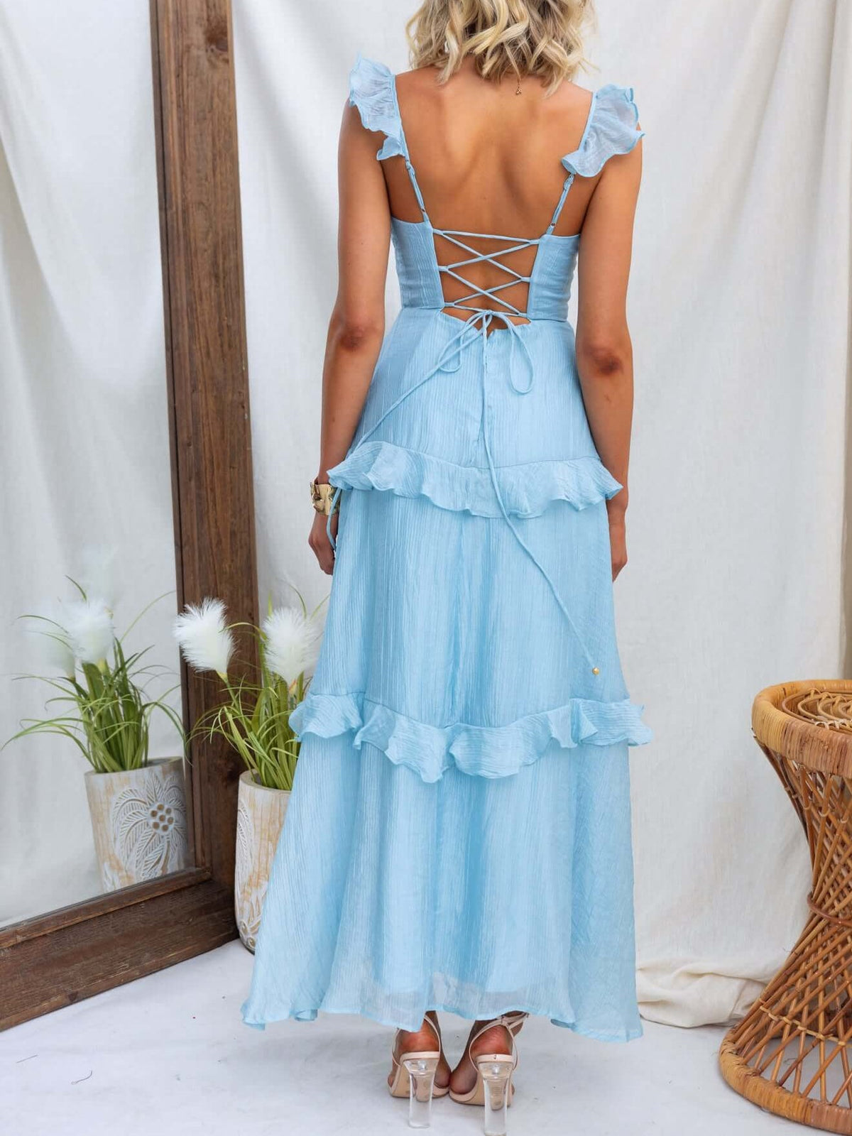 Light Blue a-line maxi formal dress with tiered skirt, alternate full-length view showing the skirt
