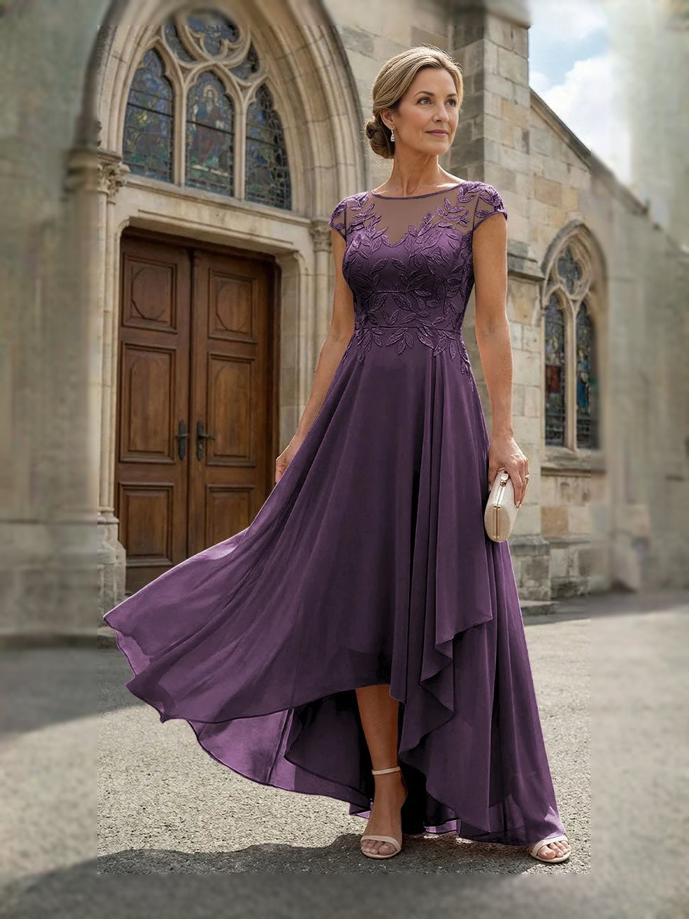 Deep purple chiffon mother-of-bride dress, embroidered V-neck, cap sleeves, high-low A-line